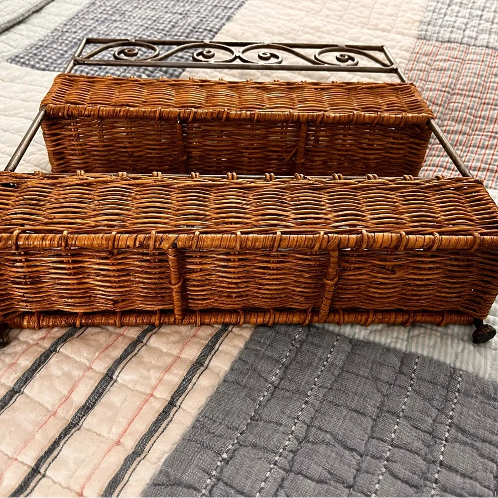 Two-Tier Wicker & Metal Basket Shelf – Farmhouse Organizer wrought iron